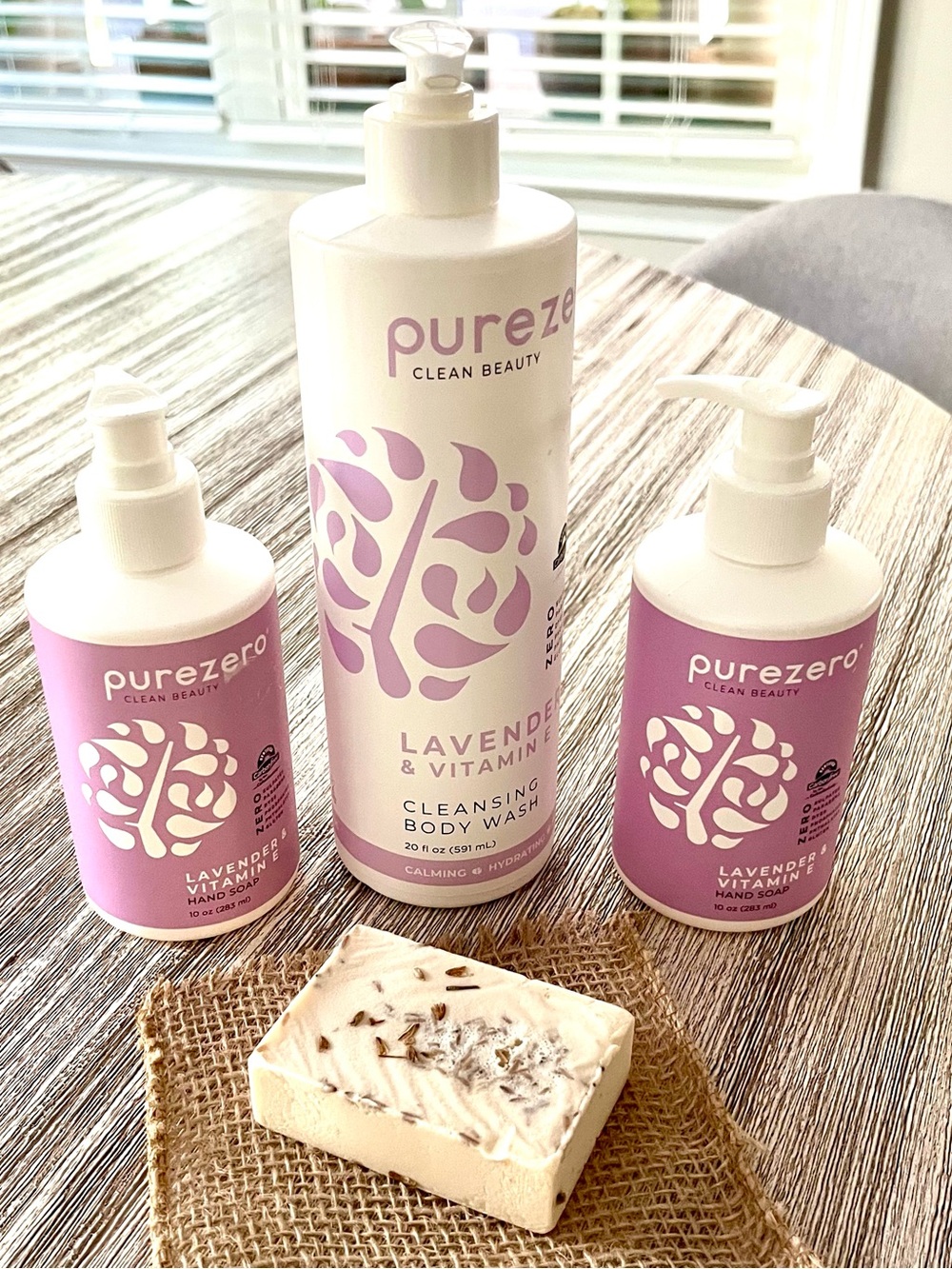 New PureZero Clean Beauty Lavender/Vit E Body Wash & Hand Soap+Goatmilk Bar Set